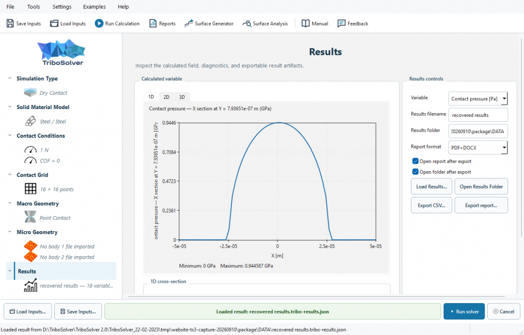 Example contact-pressure results in the frozen TriboSolver 3.0 desktop interface.