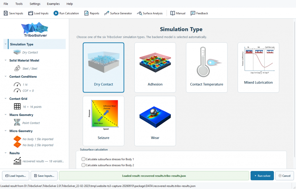 TriboSolver 3.0 simulation selection with Dry Contact, Adhesion, Contact Temperature, Mixed Lubrication, Seizure and Wear.