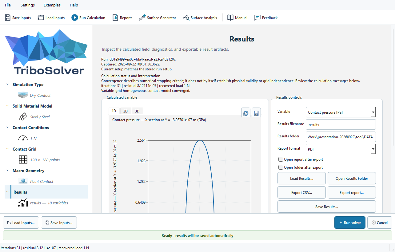 TriboSolver 3.1 — example Dry Contact results captured from the frozen Windows release