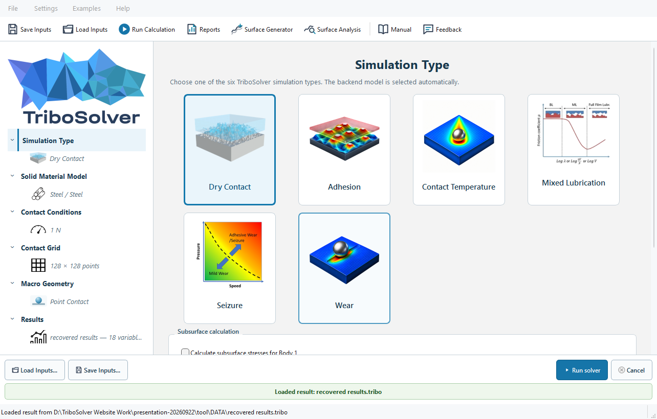 TriboSolver 3.1 — simulation selection captured from the frozen Windows release