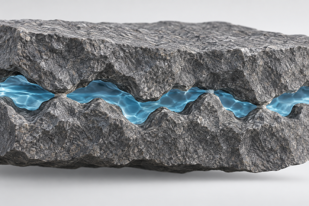 Conceptual illustration of blue water in the irregular gaps between two rough rock surfaces.