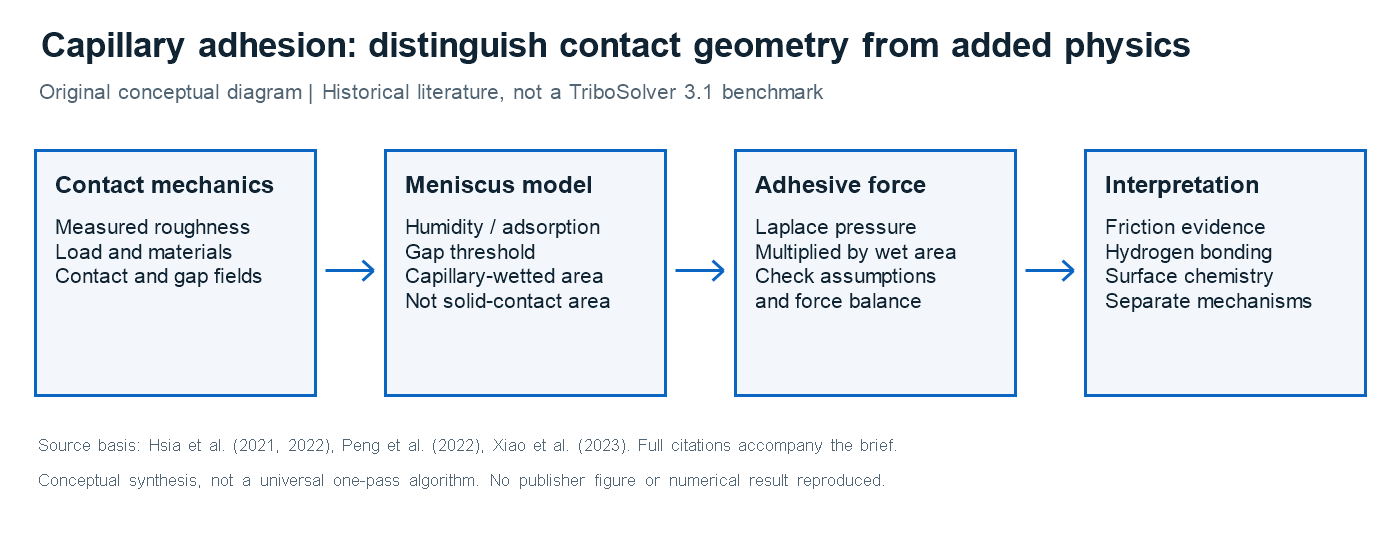 Conceptual separation of rough-contact geometry, capillary-wetted regions and the resulting adhesive force.