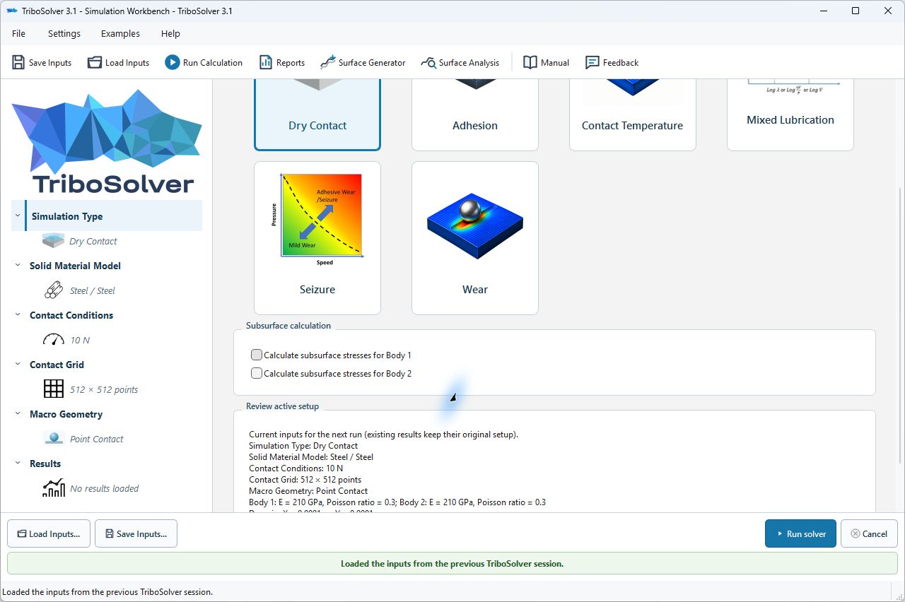 Dry Contact selected and both subsurface-stress checkboxes cleared in TriboSolver 3.1