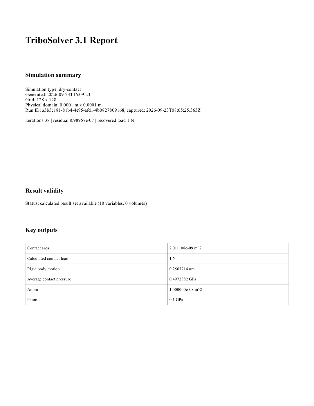 Page 1 of the actual TriboSolver 3.1 report, with simulation summary and key numerical outputs