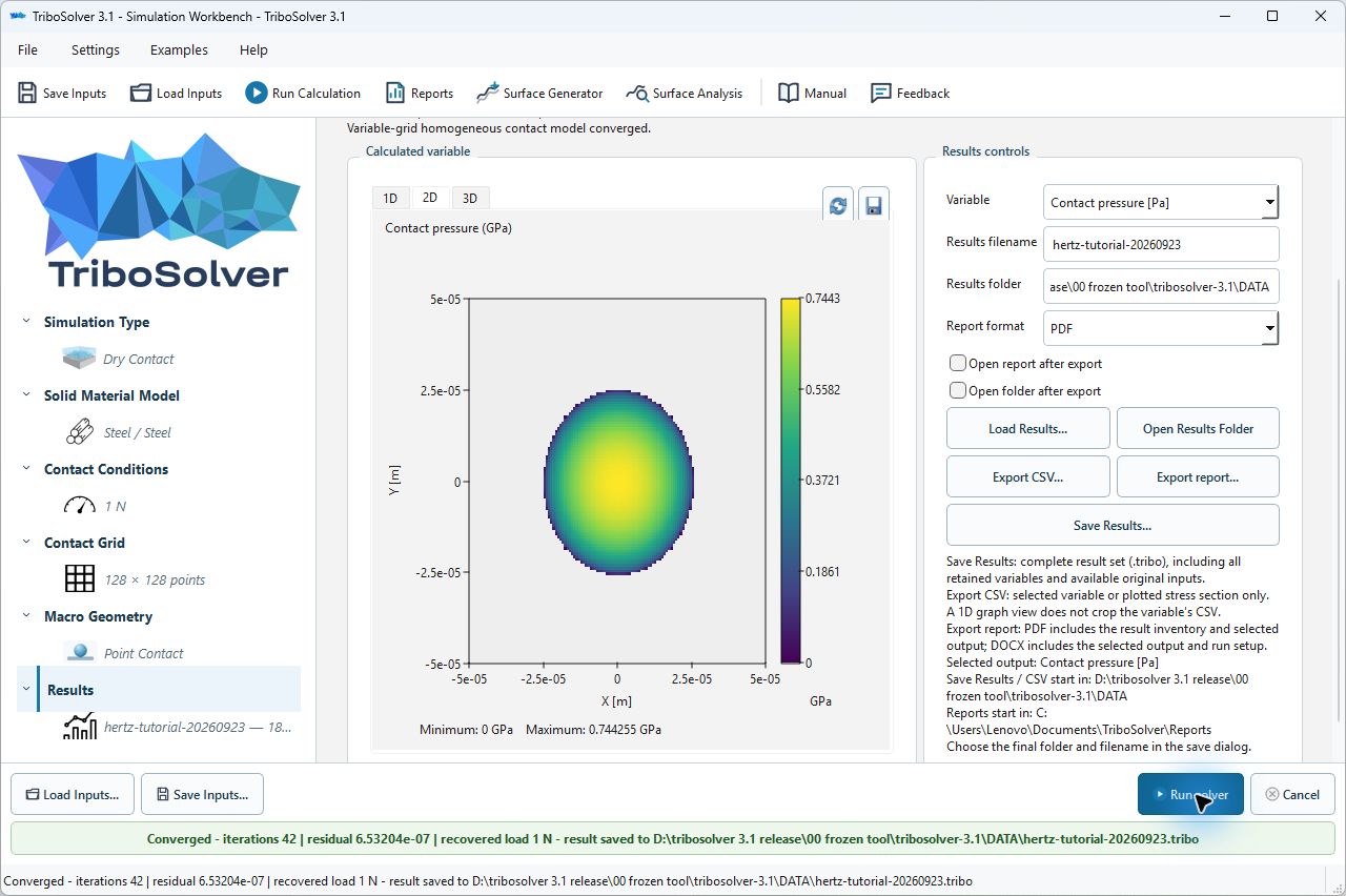 Calculated smooth Hertz contact pressure in TriboSolver 3.1